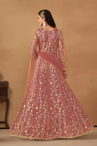 Pink embroidery net anarkali suit