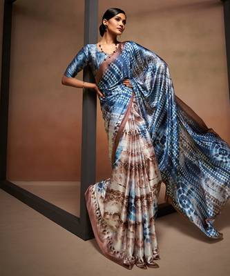 Blue and beige shibori satin saree 2