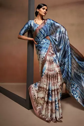 Blue and beige shibori satin saree