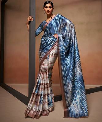 Blue and beige shibori satin saree 1
