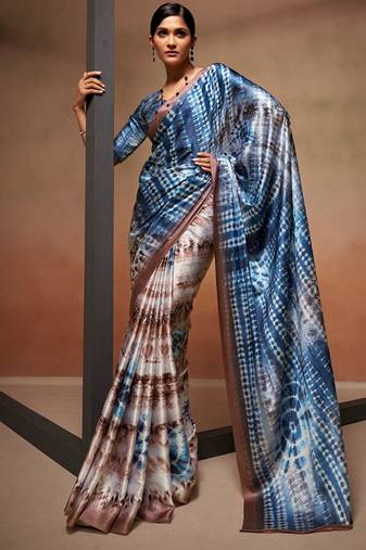 Blue and beige shibori satin saree