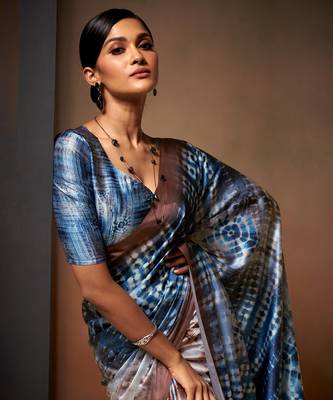 Blue and beige shibori satin saree 3