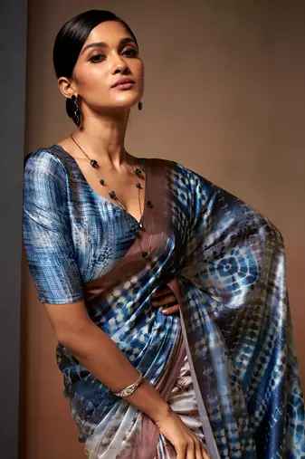Blue and beige shibori satin saree