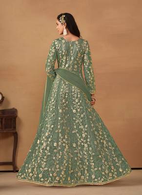 Sea-green embroidery net anarkali suit 2