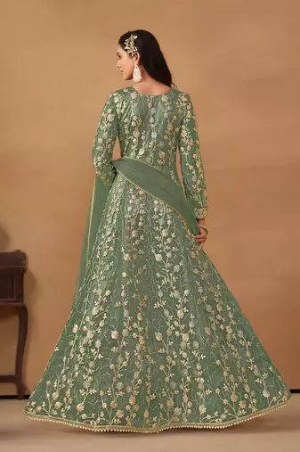 Sea-green embroidery net anarkali suit