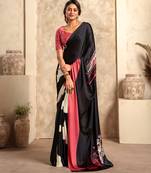 Black and pink abstract print satin saree