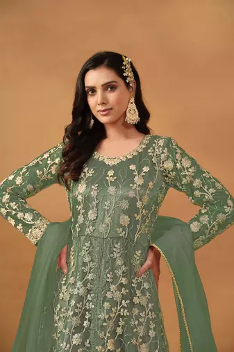 Sea-green embroidery net anarkali suit