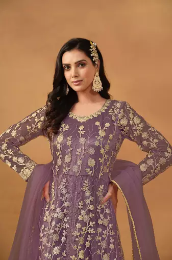 Lavender embroidery net anarkali suit