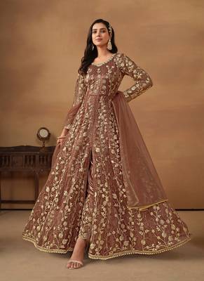 Brown embroidery net anarkali suit 1