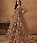 Brown embroidery net anarkali suit