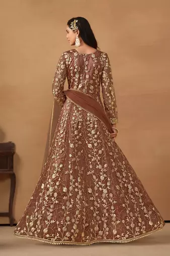 Brown embroidery net anarkali suit