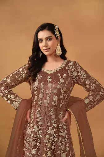 Brown embroidery net anarkali suit