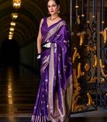 Majestic purple art silk zari woven saree with elegant animal motifs