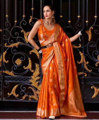Radiant yellow banarasi silk saree with rose motifs & golden zari work 1
