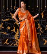 Radiant yellow banarasi silk saree with rose motifs & golden zari work