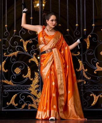 Radiant yellow banarasi silk saree with rose motifs & golden zari work 2