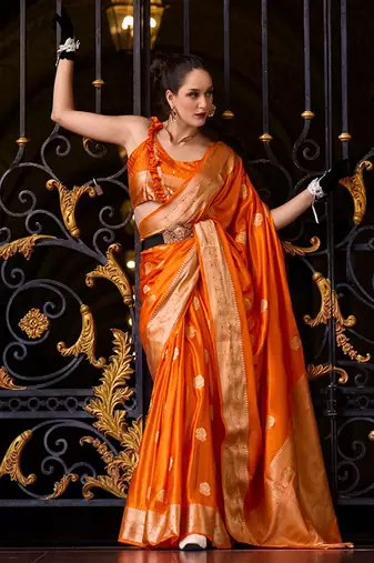 Radiant yellow banarasi silk saree with rose motifs & golden zari work