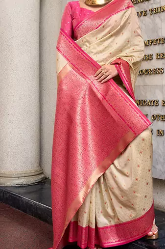 Royal ivory & pink banarasi art silk saree