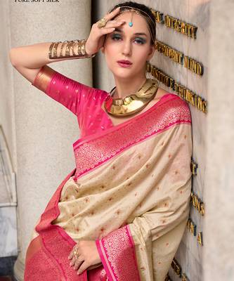 Royal ivory & pink banarasi art silk saree 3