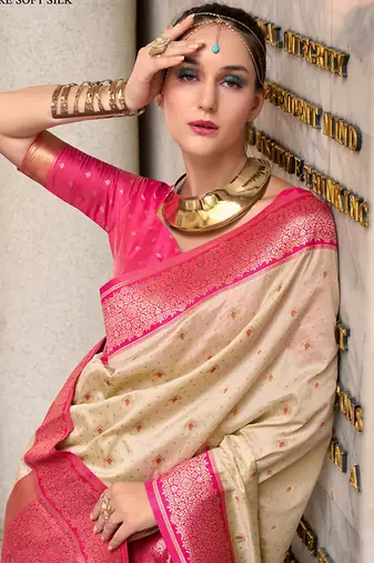 Royal ivory & pink banarasi art silk saree