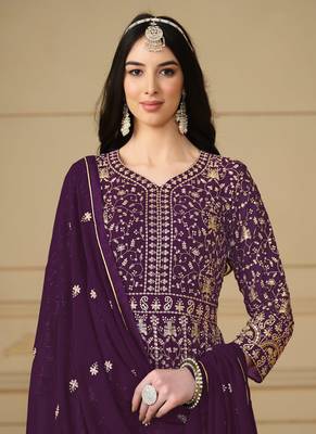 Wine embroidery faux georgette anarkali suit 2