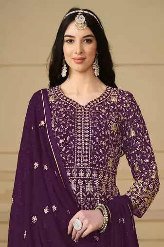 Wine embroidery faux georgette anarkali suit
