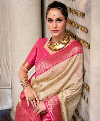 Royal ivory & pink banarasi art silk saree 4