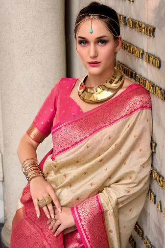 Royal ivory & pink banarasi art silk saree
