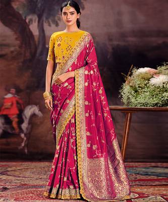 Elegant pink banarasi silk saree with floral vine motifs & golden zari work 1