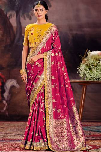 Elegant pink banarasi silk saree with floral vine motifs & golden zari work