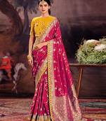 Elegant pink banarasi silk saree with floral vine motifs & golden zari work
