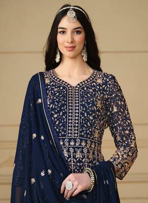 Navy blue embroidery faux georgette anarkali suit 2