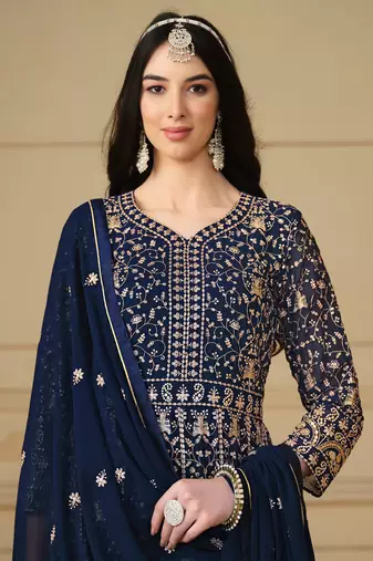 Navy blue embroidery faux georgette anarkali suit