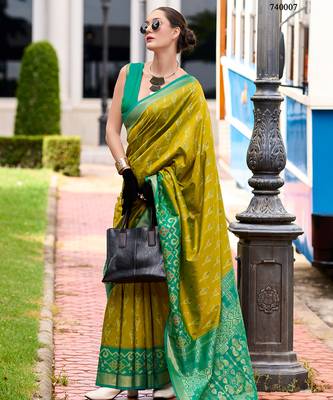 Lemon green soft silk patola saree 1