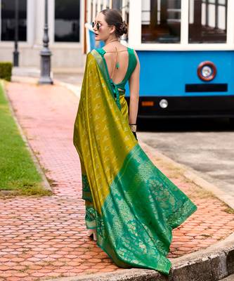 Lemon green soft silk patola saree 2