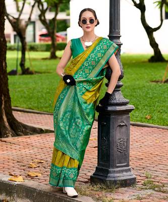 Lemon green soft silk patola saree 3
