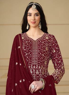 Red embroidery faux georgette anarkali suit 2