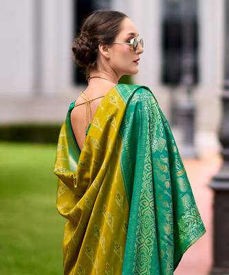 Lemon green soft silk patola saree 4