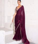 Plum soft tissue embroidered saree