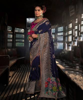 Elegant navy blue woven banarasi silk saree with intricate floral zari work 1