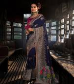 Elegant navy blue woven banarasi silk saree with intricate floral zari work