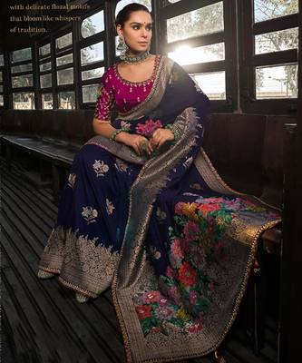 Elegant navy blue woven banarasi silk saree with intricate floral zari work 2