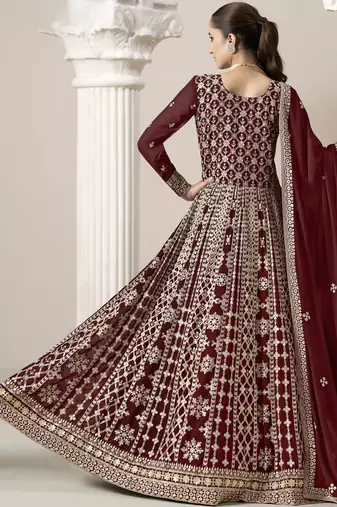 Maroon embroidery faux georgette anarkali suit
