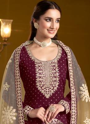 Maroon embroidery chanderi butti anarkali suit 2