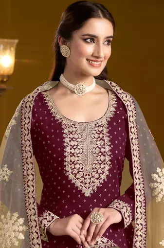 Maroon embroidery chanderi butti anarkali suit