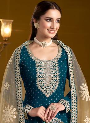 Teal blue embroidery chanderi butti anarkali suit 2