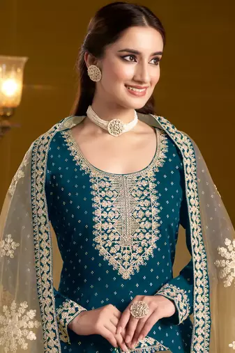 Teal blue embroidery chanderi butti anarkali suit