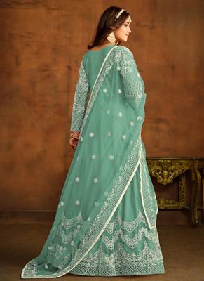 Sea-green embroidery net anarkali suit 2
