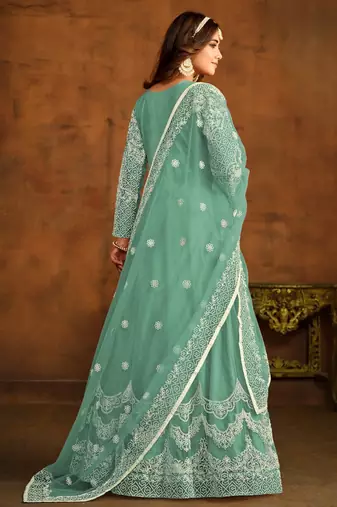 Sea-green embroidery net anarkali suit