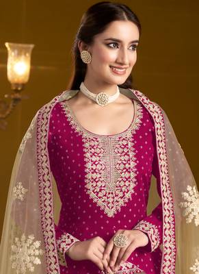 Rani pink embroidery chanderi butti anarkali suit 2